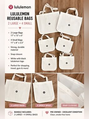 Lululemon Reusable Shopping Bag Bundle | 2 Large + 4 Small | White Logo Totes